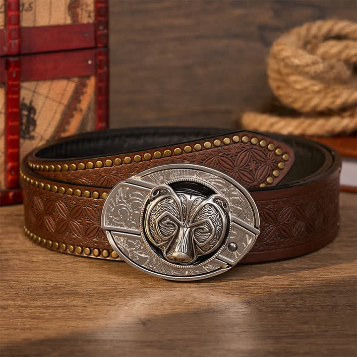 Tribal Silver Guardian Bear Head DIY Hidden Folding Knife Buckle Leather Belt - Bear - Brown Rivet Belt - 42 - image 5