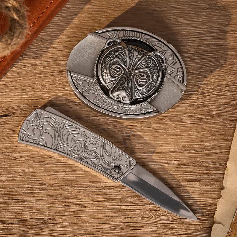 Tribal Silver Guardian Bear Head DIY Hidden Folding Knife Buckle Leather Belt - image 1