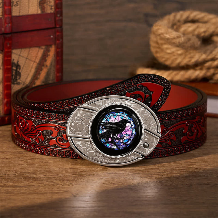 Midnight Raven's Window DIY Hidden Folding Knife Buckle Leather Belt - Raven's Window - Brown Carved Belt - 42 - image 6