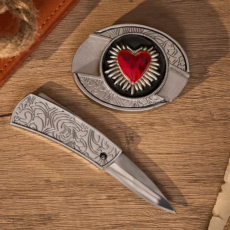 Flaming Red Heart DIY Hidden Folding Knife Buckle Leather Belt - image 1