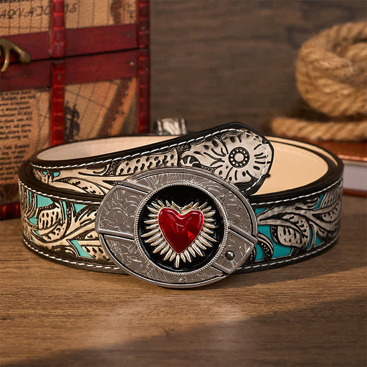 Flaming Red Heart DIY Hidden Folding Knife Buckle Leather Belt - Red Sacred Heart - Gray Floral Belt - 42 - image 8