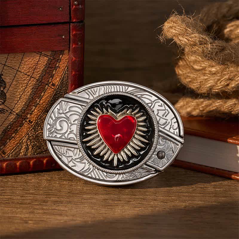 Flaming Red Heart DIY Hidden Folding Knife Buckle Leather Belt - Red Sacred Heart - Without Belt - Not Included Belt - image 0
