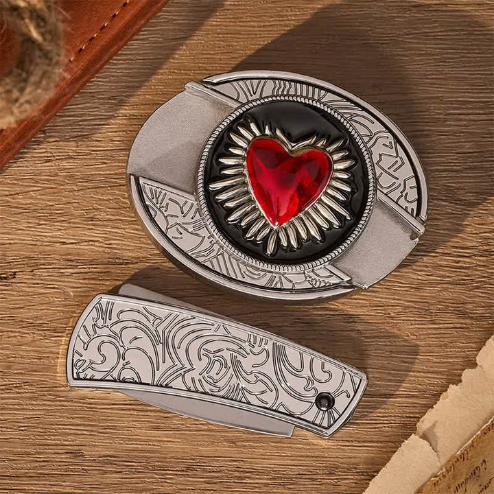 Flaming Red Heart DIY Hidden Folding Knife Buckle Leather Belt - image 10