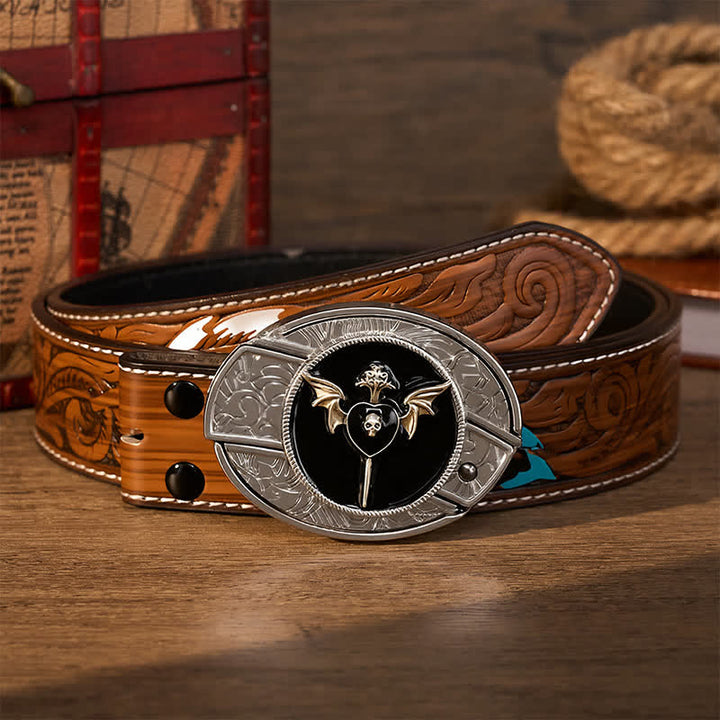 Bat Wing Dark Love Skull DIY Hidden Folding Knife Buckle Leather Belt - Dark Love - Brown Feather Belt - 40 - image 7