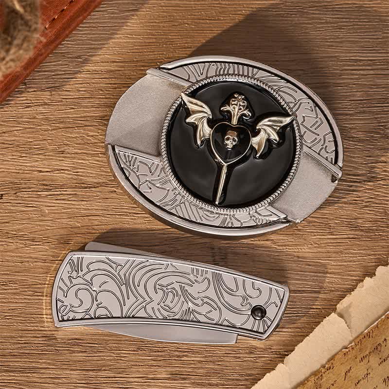 Bat Wing Dark Love Skull DIY Hidden Folding Knife Buckle Leather Belt - image 9