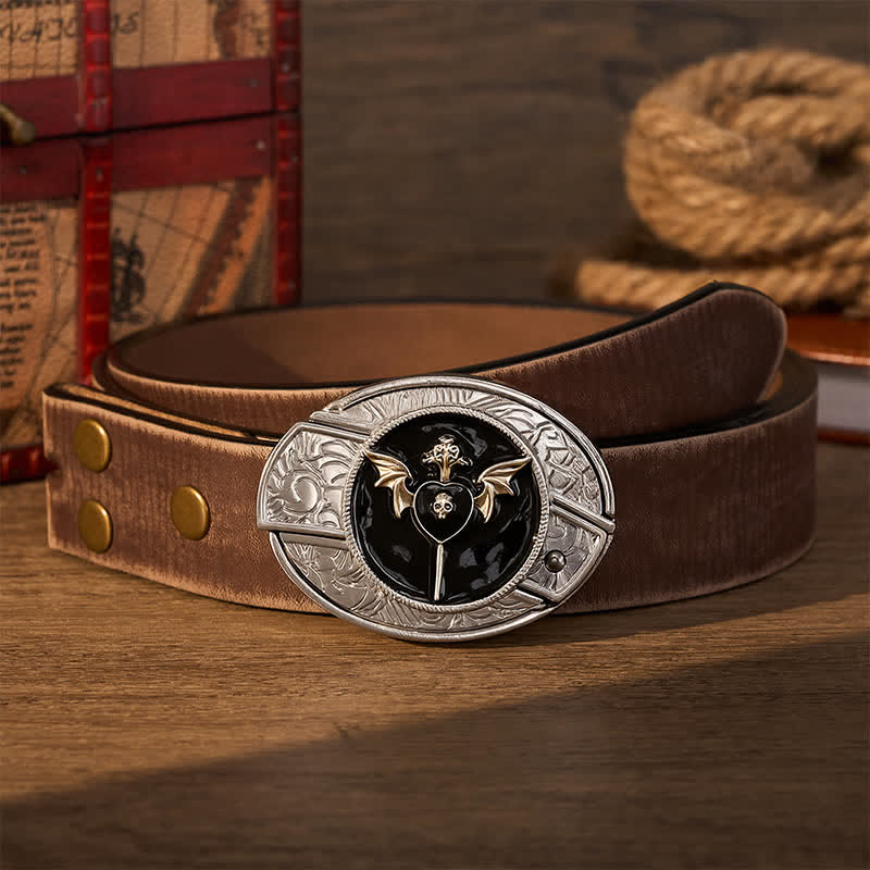 Bat Wing Dark Love Skull DIY Hidden Folding Knife Buckle Leather Belt - Dark Love - Brown Distressed Belt - 42 - image 5