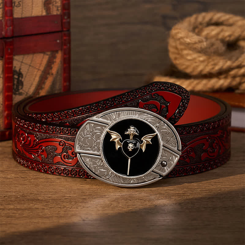 Bat Wing Dark Love Skull DIY Hidden Folding Knife Buckle Leather Belt - Dark Love - Brown Carved Belt - 42 - image 6