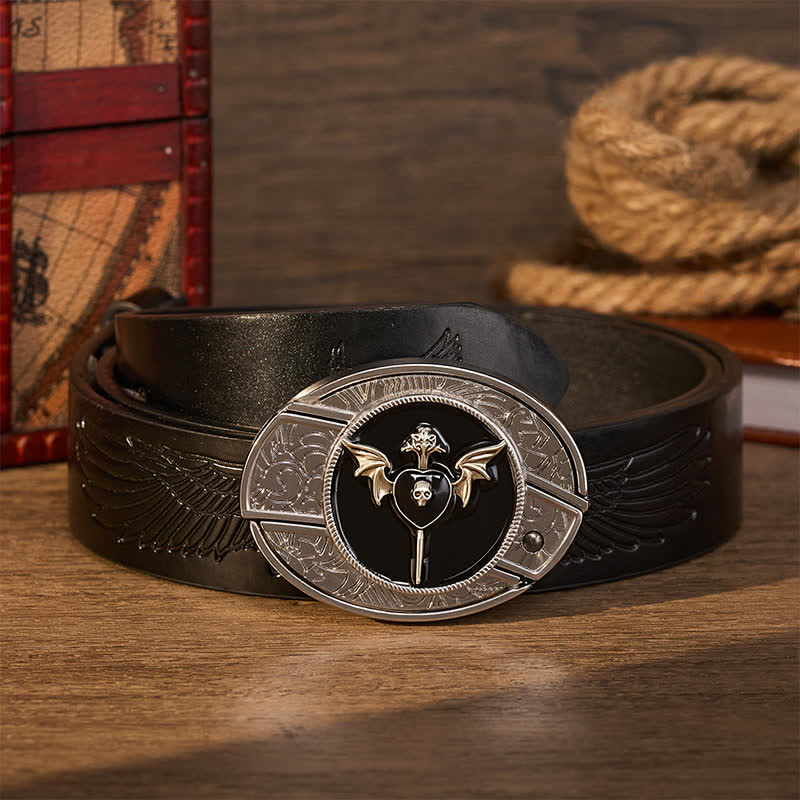 Bat Wing Dark Love Skull DIY Hidden Folding Knife Buckle Leather Belt - Dark Love - Black Embossed Eagle Belt - 42 - image 2