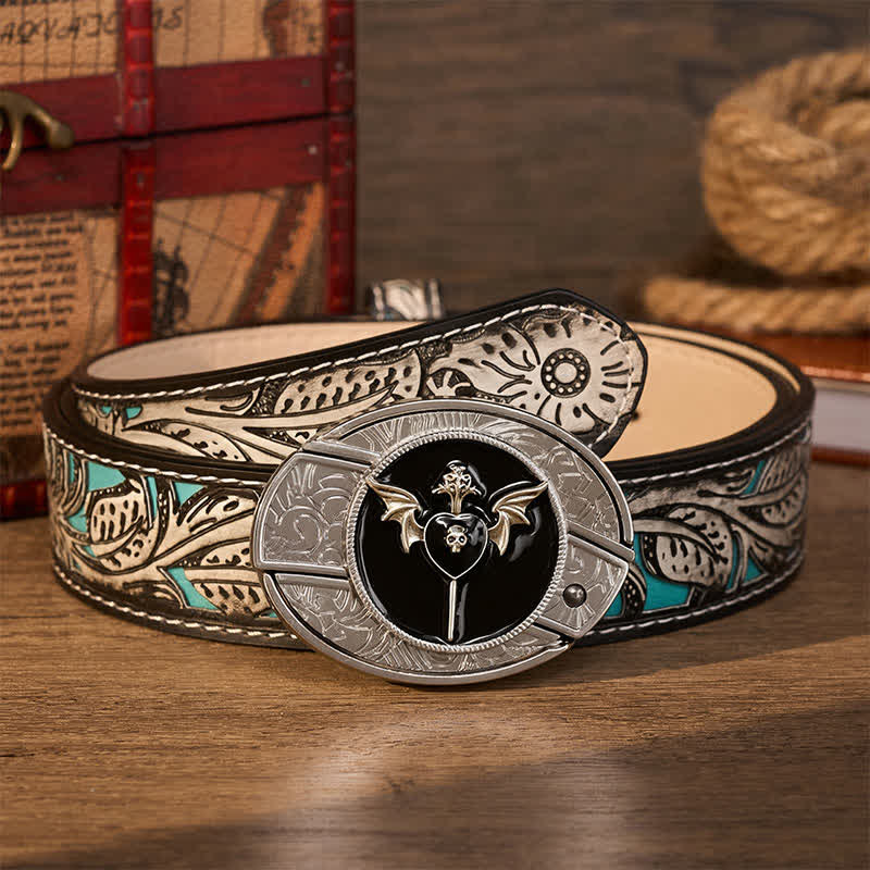 Bat Wing Dark Love Skull DIY Hidden Folding Knife Buckle Leather Belt - Dark Love - Gray Floral Belt - 42 - image 8