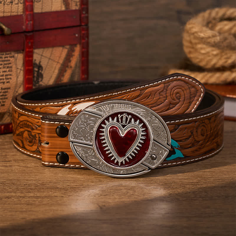 Red Crowned Heart DIY Hidden Folding Knife Buckle Leather Belt - Red Crowned Heart - Brown Feather Belt - 40 - image 7