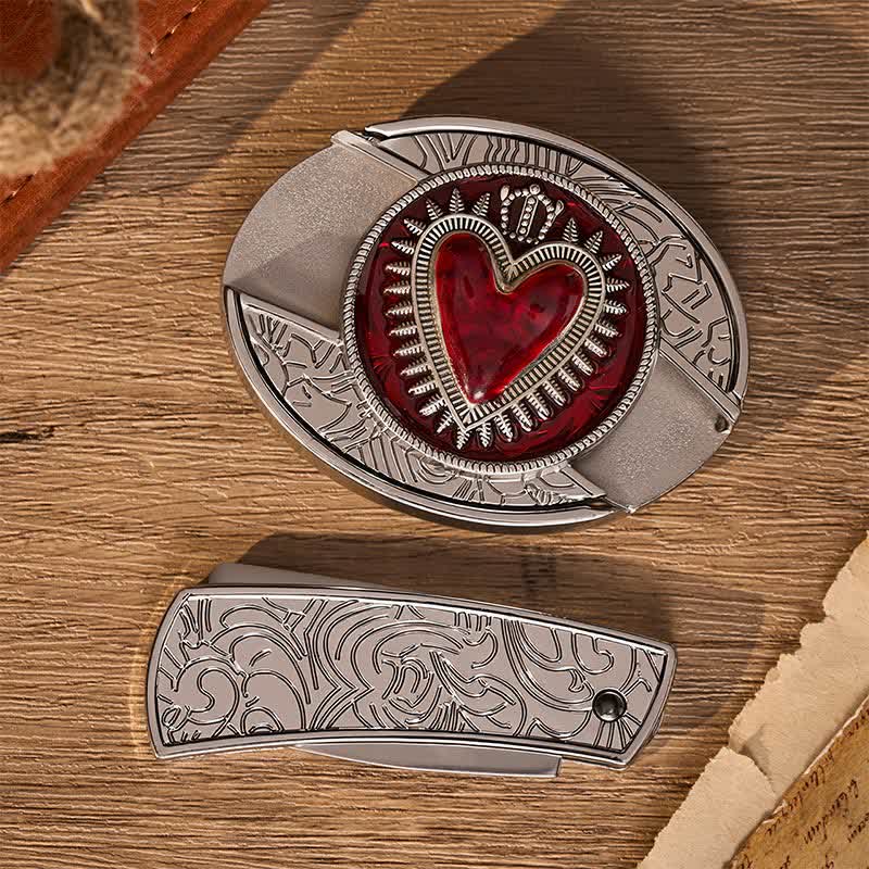 Red Crowned Heart DIY Hidden Folding Knife Buckle Leather Belt - image 10