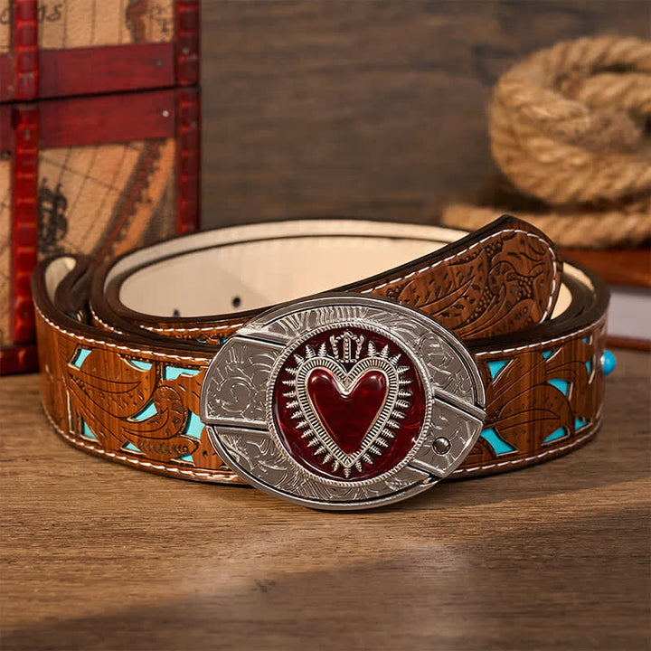 Red Crowned Heart DIY Hidden Folding Knife Buckle Leather Belt - Red Crowned Heart - Turquoise Carved Belt - 42 - image 3