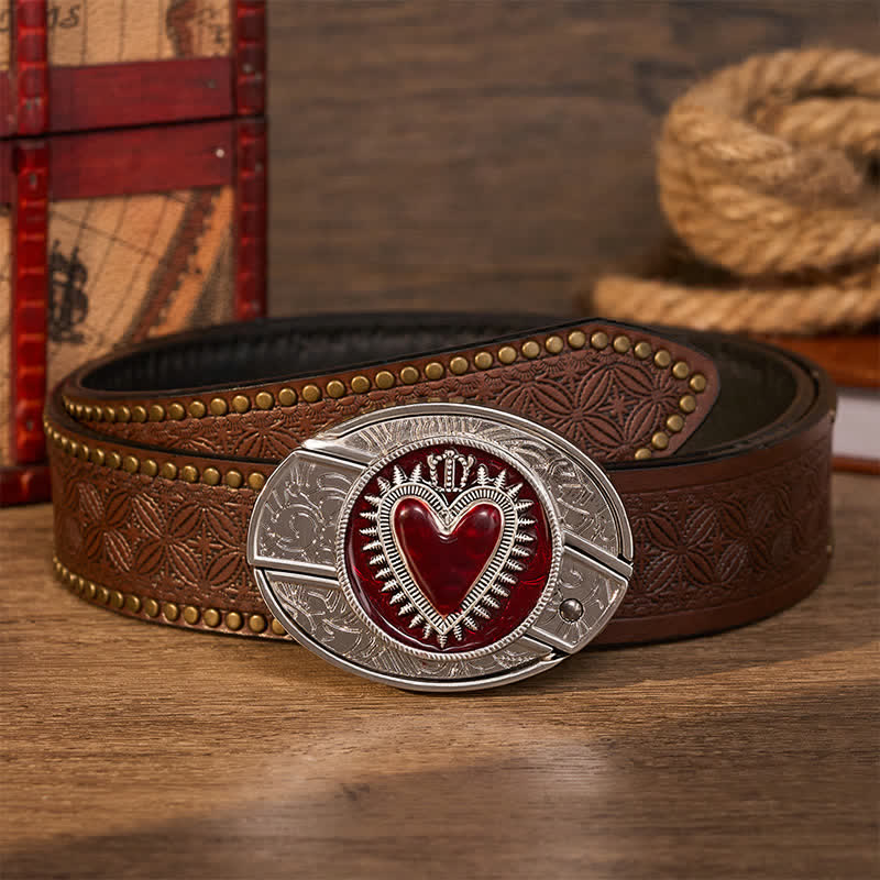 Red Crowned Heart DIY Hidden Folding Knife Buckle Leather Belt - Red Crowned Heart - Brown Rivet Belt - 42 - image 4