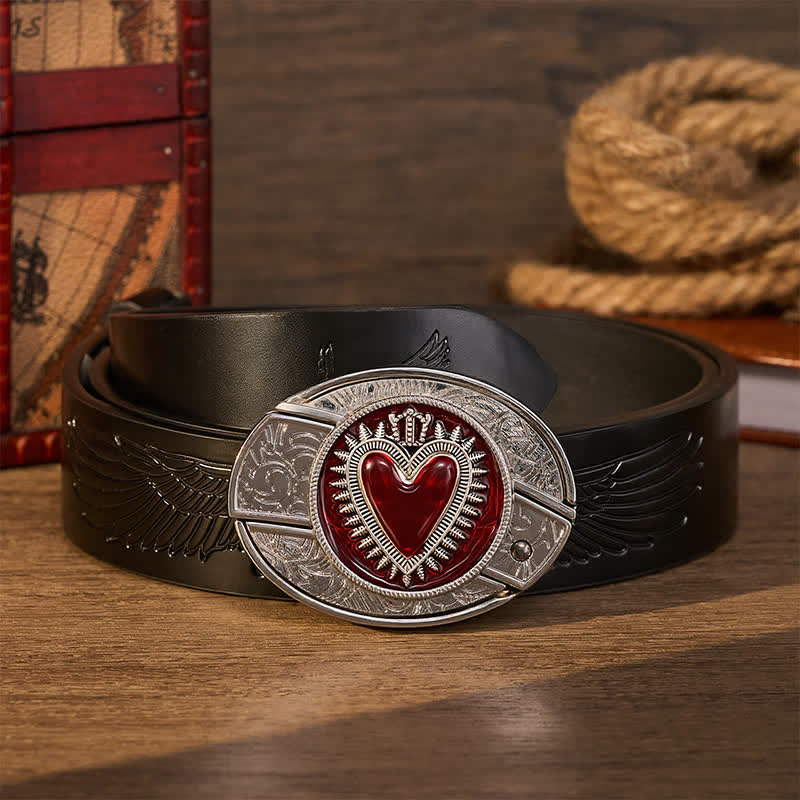 Red Crowned Heart DIY Hidden Folding Knife Buckle Leather Belt - Red Crowned Heart - Black Embossed Eagle Belt - 42 - image 2