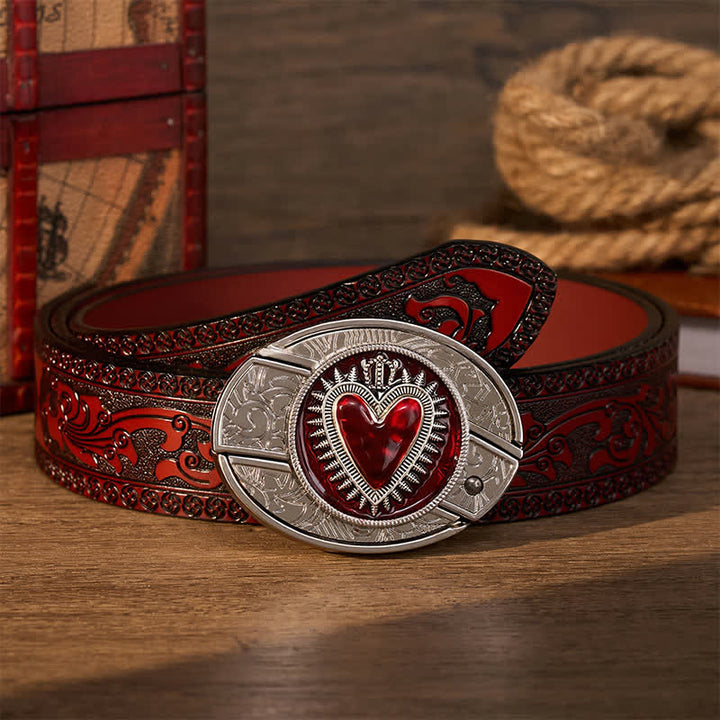 Red Crowned Heart DIY Hidden Folding Knife Buckle Leather Belt - Red Crowned Heart - Brown Carved Belt - 42 - image 6