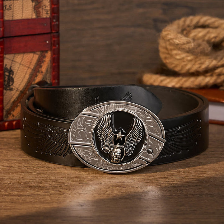 Winged Star Grenade DIY Hidden Folding Knife Buckle Leather Belt - Winged Star Grenade - Black Embossed Eagle Belt - 42 - image 2