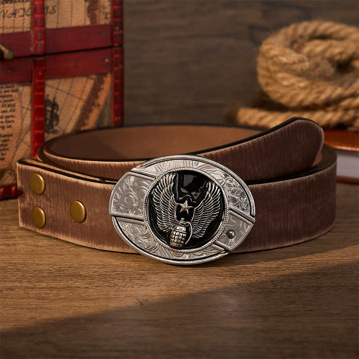 Winged Star Grenade DIY Hidden Folding Knife Buckle Leather Belt - Winged Star Grenade - Brown Distressed Belt - 42 - image 5