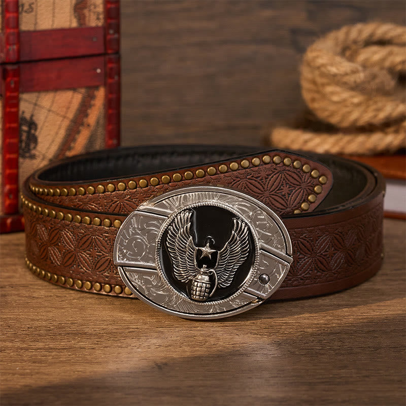 Winged Star Grenade DIY Hidden Folding Knife Buckle Leather Belt - Winged Star Grenade - Brown Rivet Belt - 42 - image 4