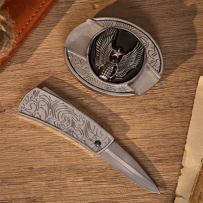 Winged Star Grenade DIY Hidden Folding Knife Buckle Leather Belt - image 1