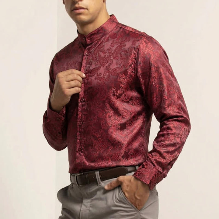 Men's Dark Jacquard Satin Rose Stand Collar Long Sleeve Shirt - image 3
