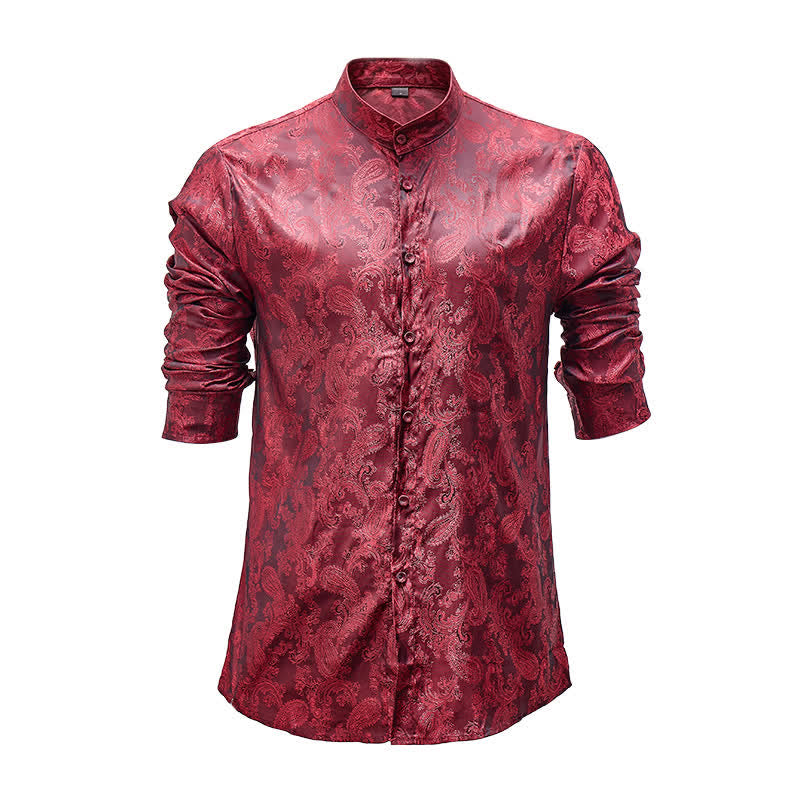 Men's Dark Jacquard Satin Rose Stand Collar Long Sleeve Shirt - image 8