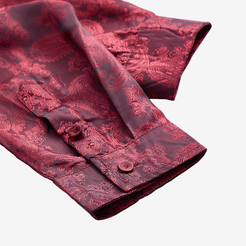 Men's Dark Jacquard Satin Rose Stand Collar Long Sleeve Shirt - image 6