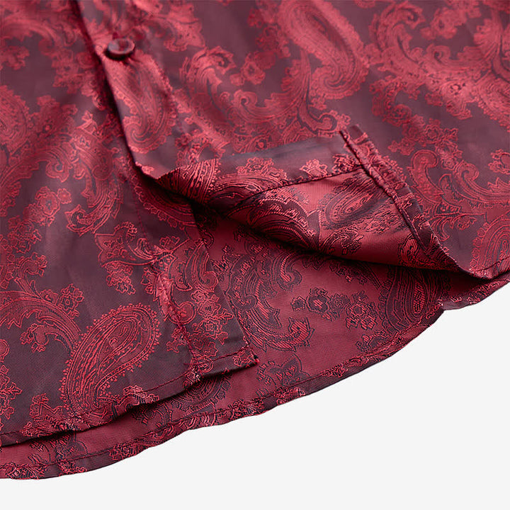 Men's Dark Jacquard Satin Rose Stand Collar Long Sleeve Shirt - image 7
