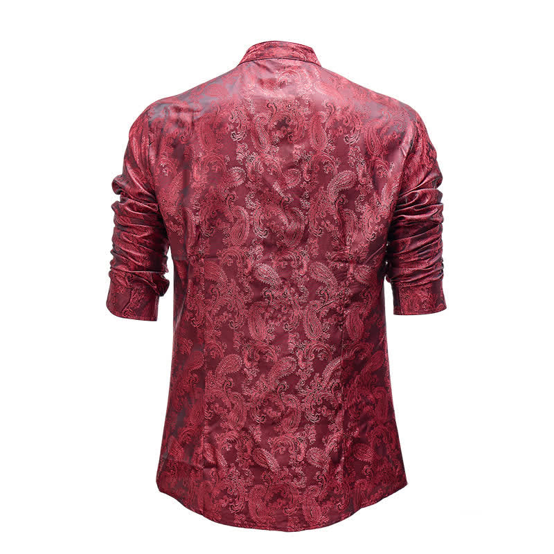 Men's Dark Jacquard Satin Rose Stand Collar Long Sleeve Shirt - image 9