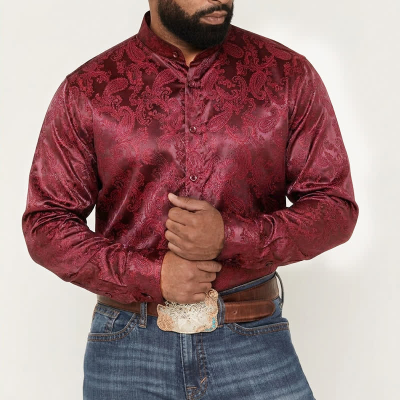 Men's Dark Jacquard Satin Rose Stand Collar Long Sleeve Shirt - image 1