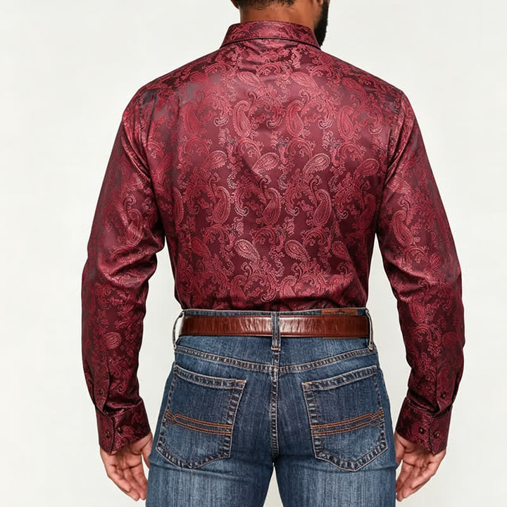 Men's Dark Jacquard Satin Rose Stand Collar Long Sleeve Shirt - image 2