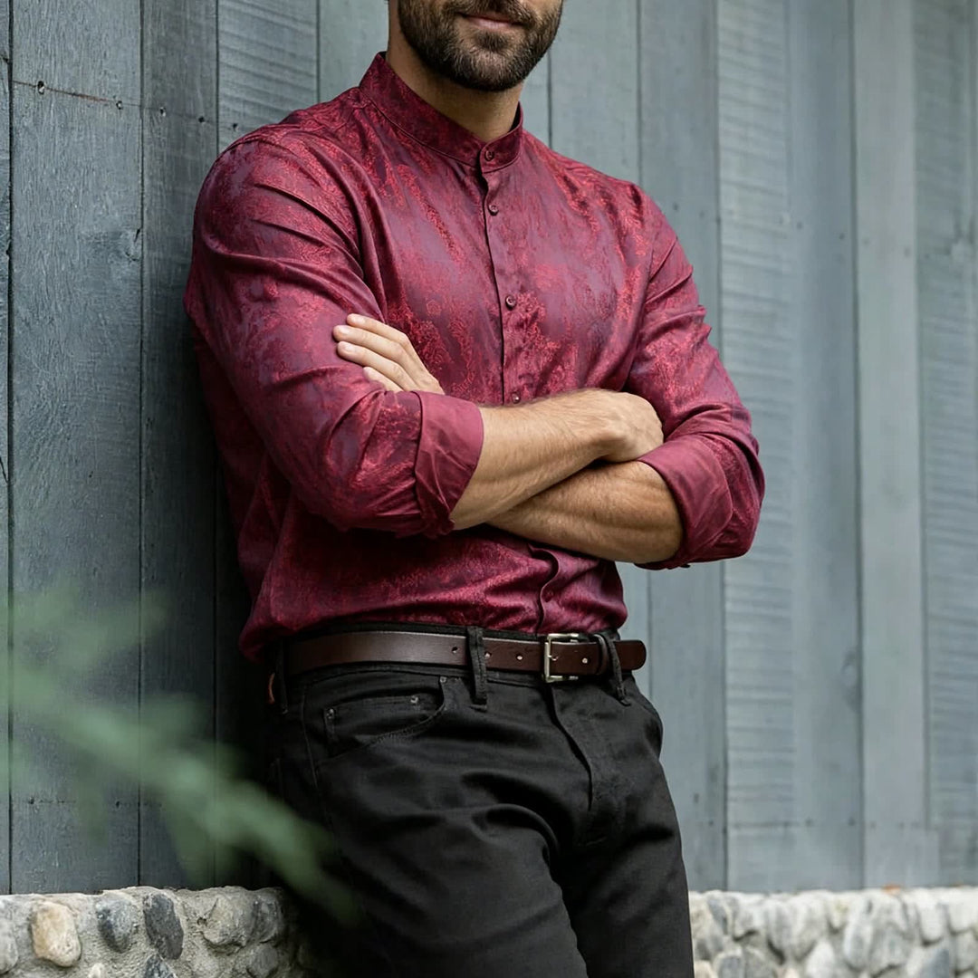 Men's Dark Jacquard Satin Rose Stand Collar Long Sleeve Shirt - Burgundy - 2XL - image 0