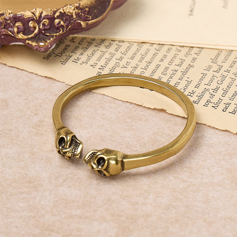 Gothic Bronze Double Skull Heavy Brass Open Cuff Bracelet - image 4