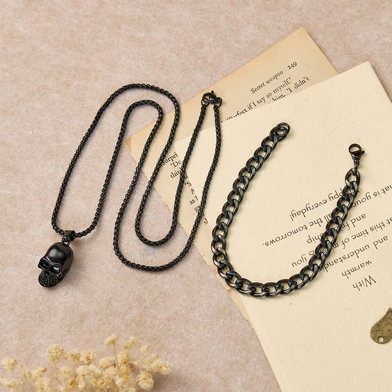 Men's 2Pcs Black Skull Necklace And Cuban Bracelet Set - image 1