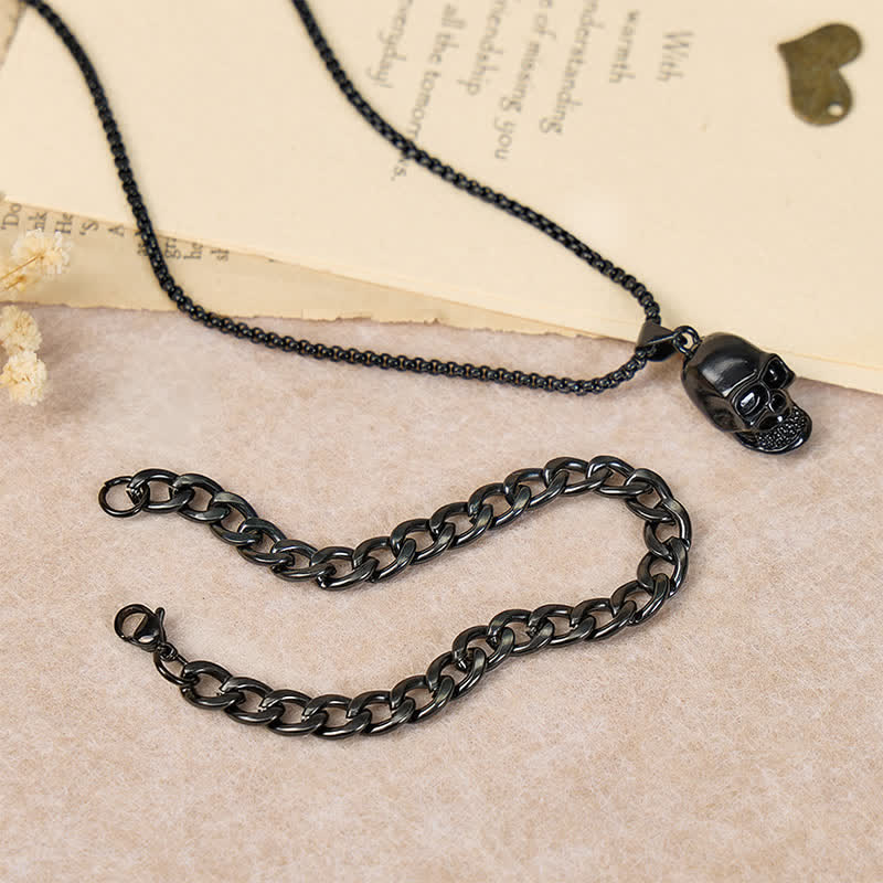 Men's 2Pcs Black Skull Necklace And Cuban Bracelet Set - image 2