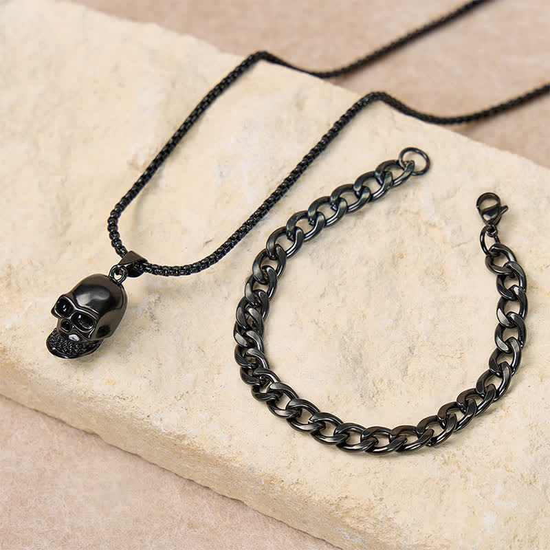Men's 2Pcs Black Skull Necklace And Cuban Bracelet Set - Black - image 0