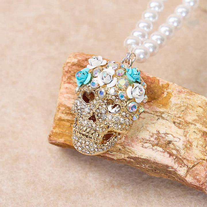 Floral Crystal Rhinestone Sugar Skull Pearl Necklace - image 3