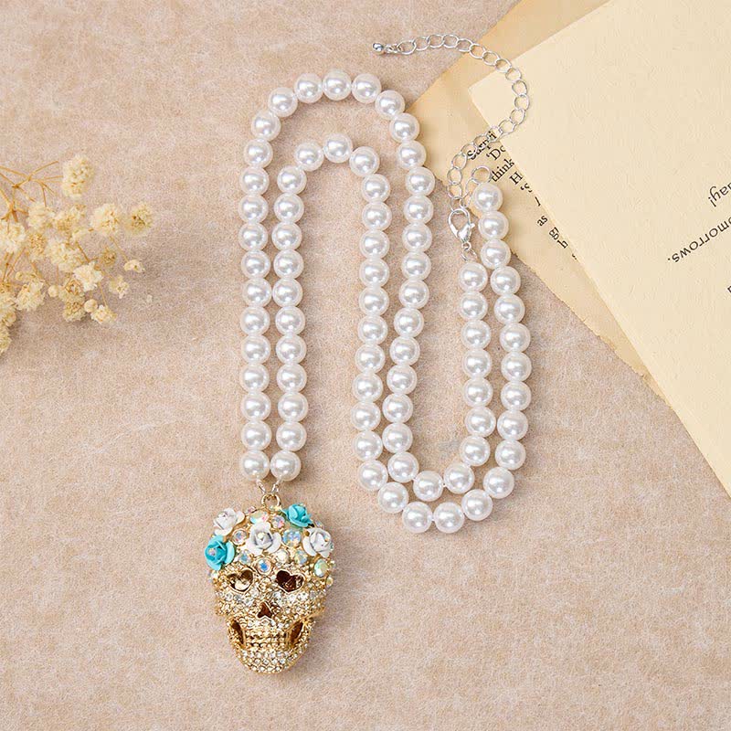 Floral Crystal Rhinestone Sugar Skull Pearl Necklace - image 2