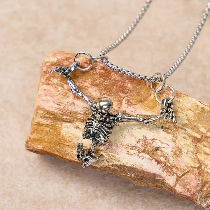Gothic Vintage Silver Hanging Skeleton Pendant Halloween Necklace - image 3