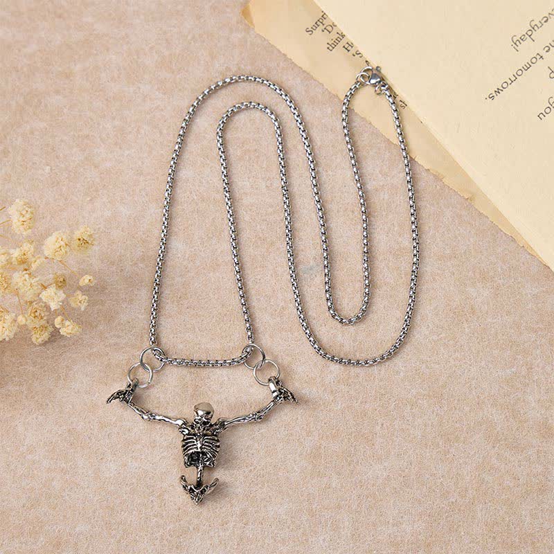 Gothic Vintage Silver Hanging Skeleton Pendant Halloween Necklace - image 2