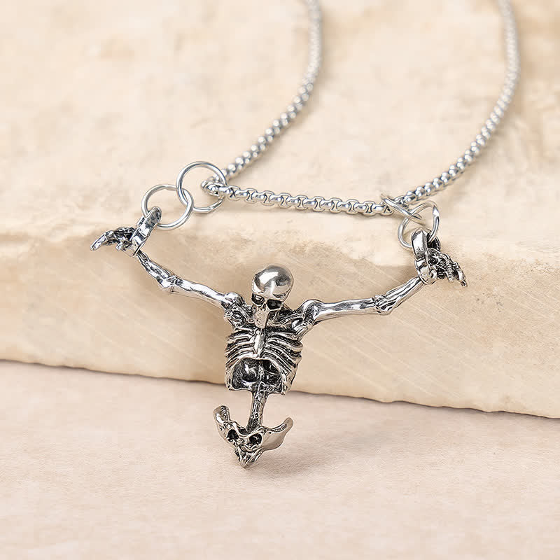 Gothic Vintage Silver Hanging Skeleton Pendant Halloween Necklace - Silver - image 0