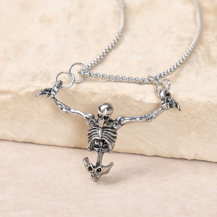 Gothic Vintage Silver Hanging Skeleton Pendant Halloween Necklace - Silver - image 0