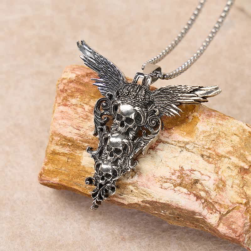 Fallen Angel Triple Skull Heads Gothic Baroque Necklace - Antique Silver - image 0