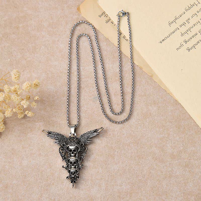 Fallen Angel Triple Skull Heads Gothic Baroque Necklace - image 2