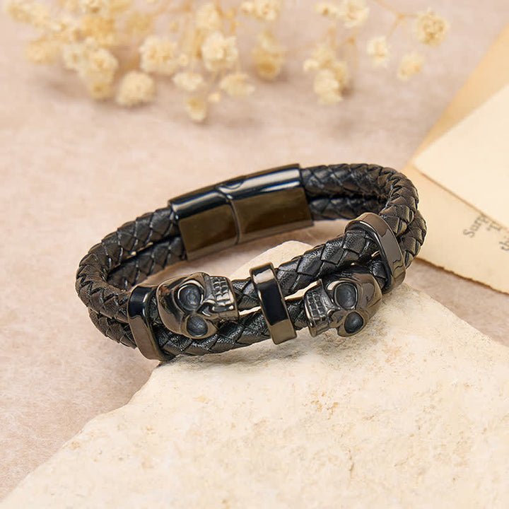 Gothic Double Skull Head Braided Genuine Leather Bracelet - image 3