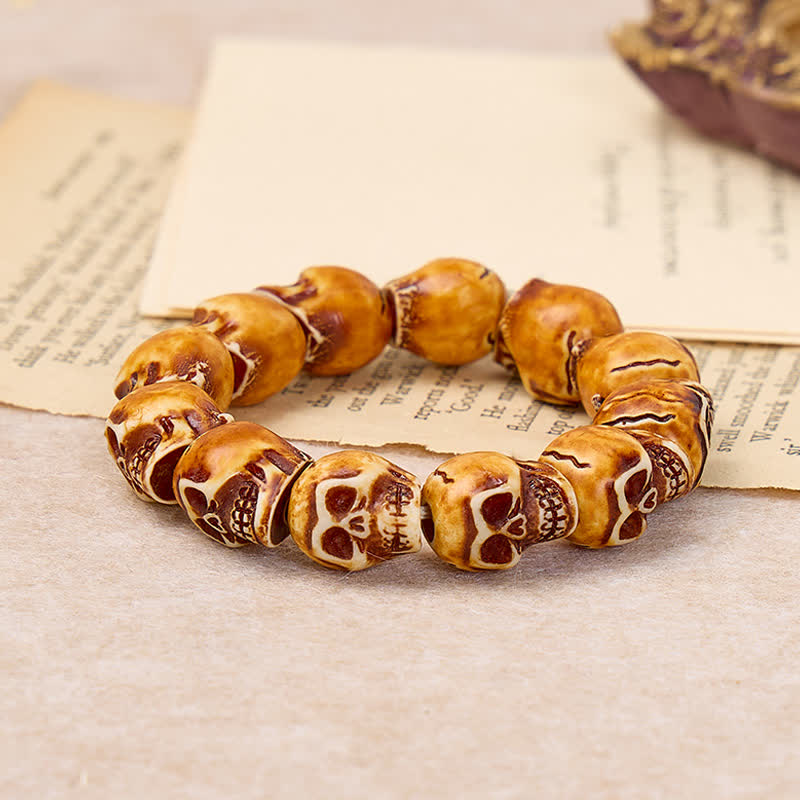 Punk Carved Grunge Skull Resin Beaded Stackable Bracelet - Brown - image 2