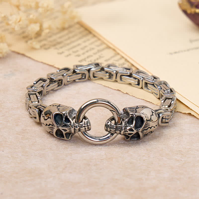 Men's Double Skull Chain Heavy Chunky King Chain Biker Bracelet - Silver - 9.06" / 23cm - image 0
