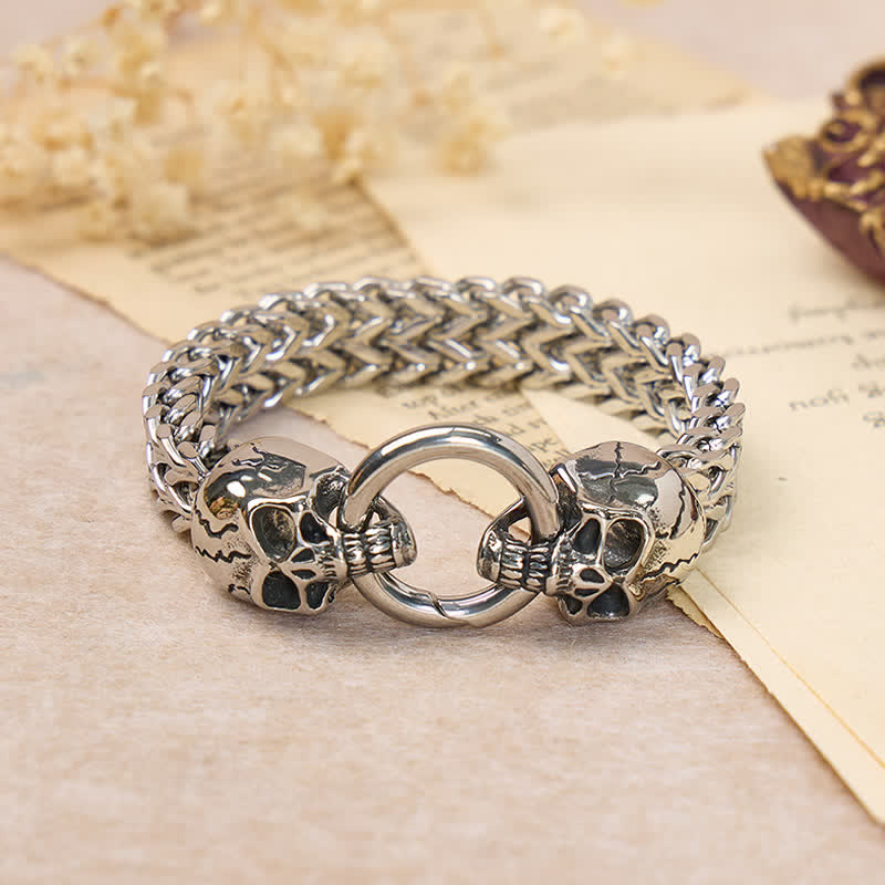 Men's Double Skull Head O-Ring Carabiner Clasp Bracelet - Silver - 9.45" / 24cm - image 0