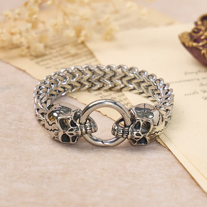 Men's Double Skull Head O-Ring Carabiner Clasp Bracelet - Silver - 9.45" / 24cm - image 0