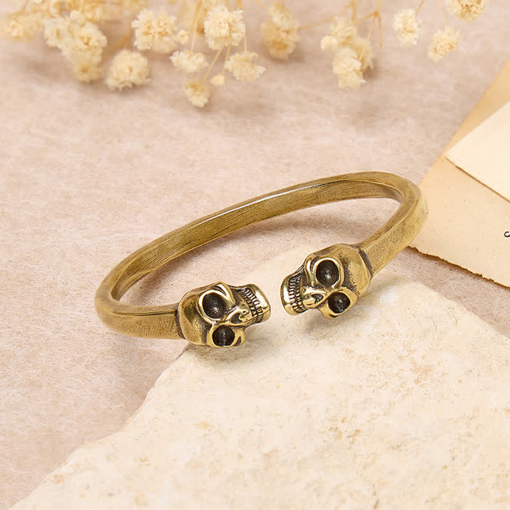 Gothic Bronze Double Skull Heavy Brass Open Cuff Bracelet - image 3