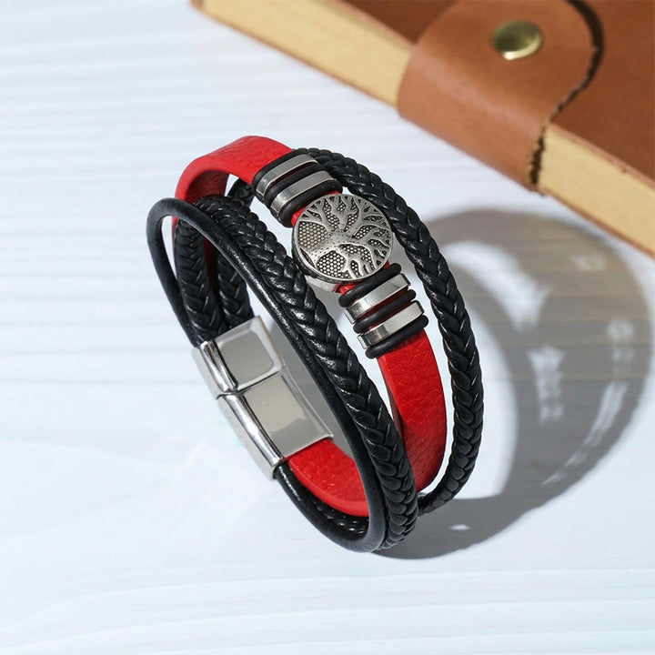 Western Black Braided Leather Tree Of Life Magnetic Bracelet - Red - image 0